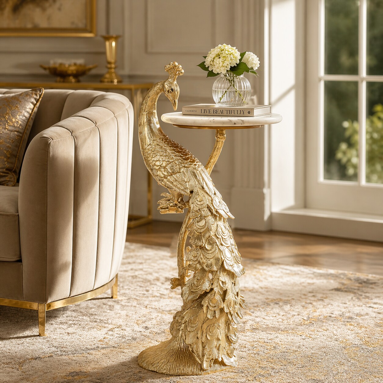 Peacock Side Table with White Marble Top | Decorative Sculptural End Table | Aluminum Base | Gold Accent Table for Living Room | 10x10x29"