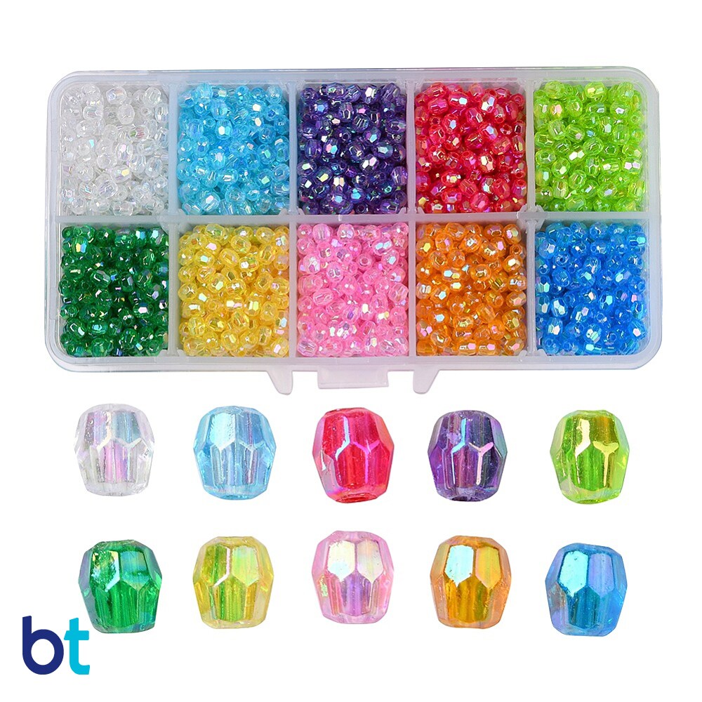 BeadTin Transparent AB 4mm Faceted Barrel Plastic Beads (Box/10 Colors)