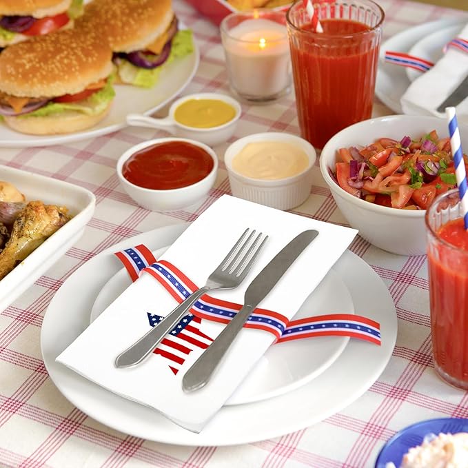 100 Pcs Patriotic Guest Napkin 4th of July American Flag Star Disposable Napkin Independence Day Dinner Hand Towel for Bathroom Table Decor Party Supplies