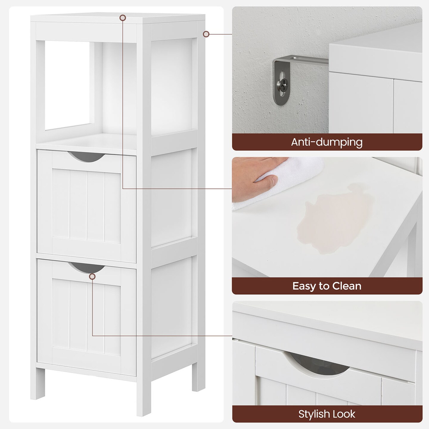 Slim Bathroom Storage Cabinet with 2 Drawers and Open Shelf, Compact Freestanding Floor Organizer for Small Space Use