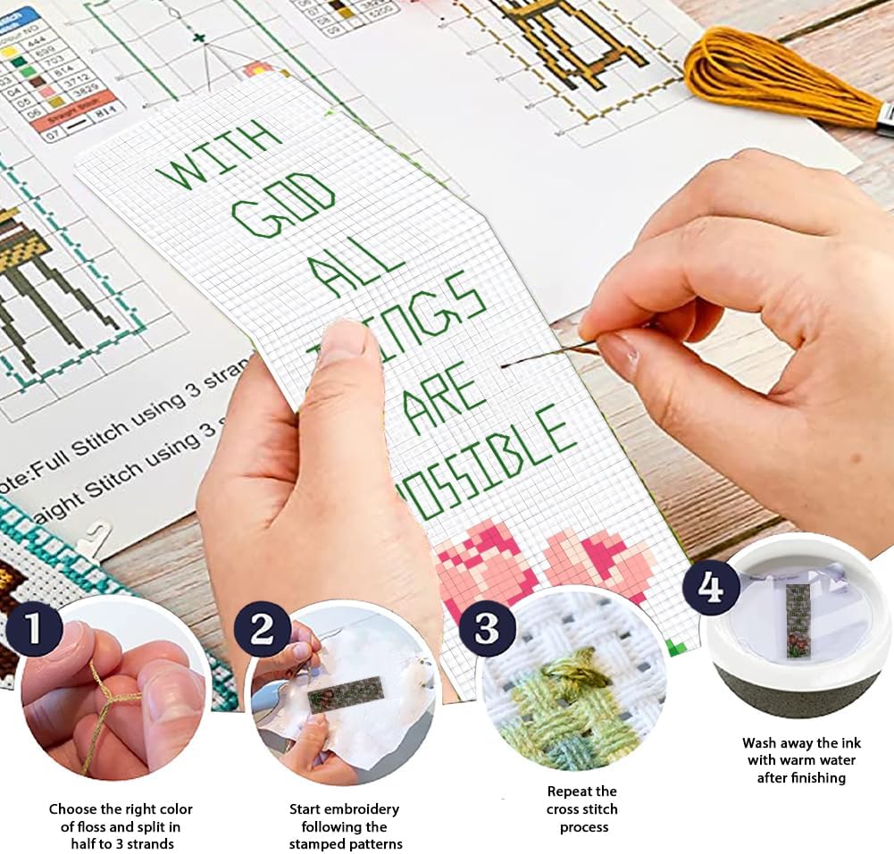6 PCS Stamped Cross Stitch Bible Verse Bookmark Kit for Beginners – DIY Embroidery Bookmarks with Backing Felt, Threads, Needles & Instructions for Adults and Book Lovers