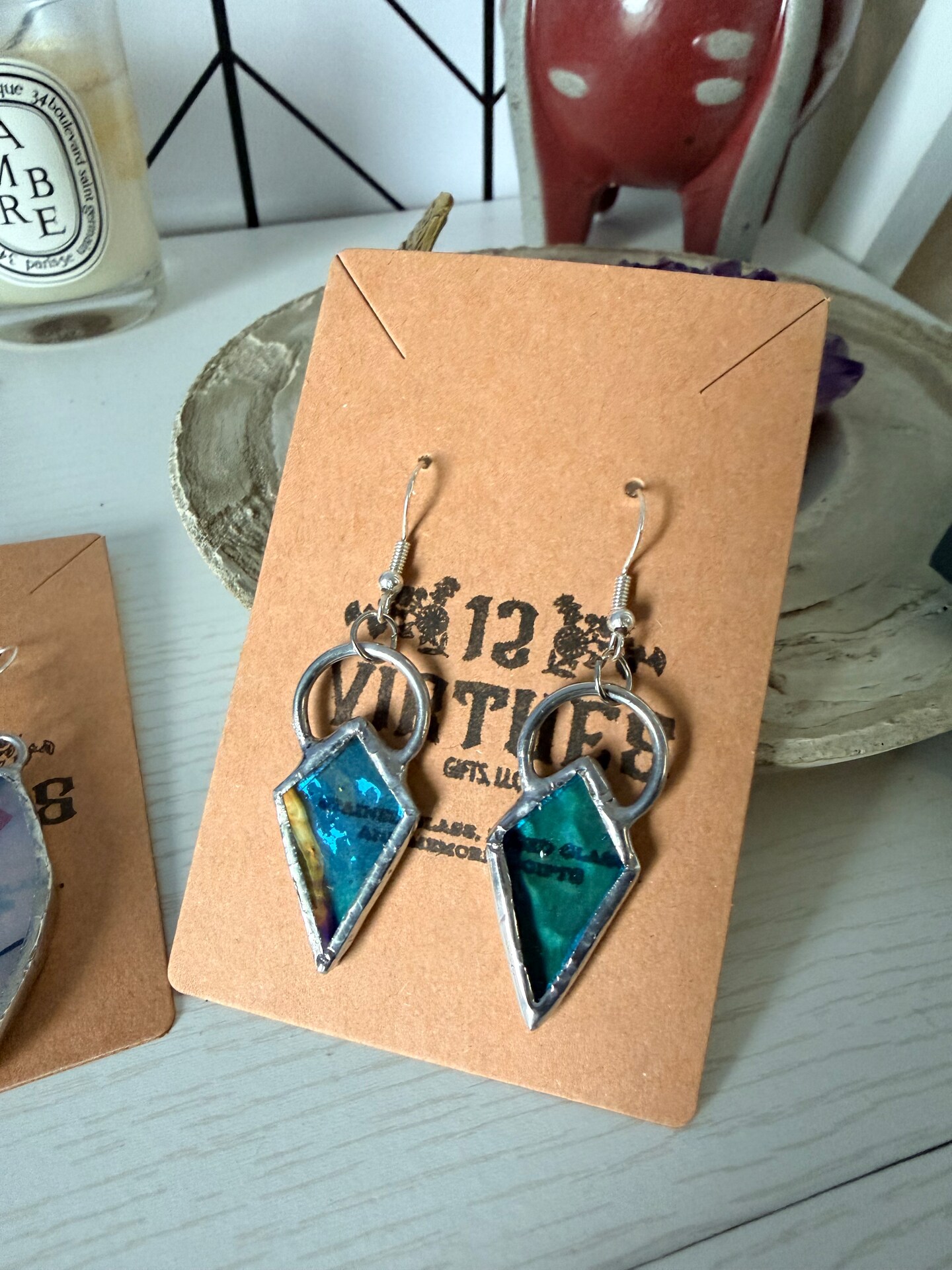 Geometric Stained Glass Earrings – Green Shard Dangle Earrings