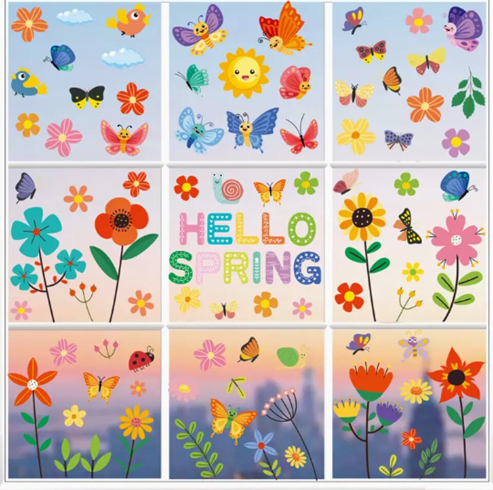 Hello Spring Window Clings 86 Pack – Summer Flowers, Butterflies & Bugs Static Cling Decorations for Classroom, Home, Kids Window Stickers