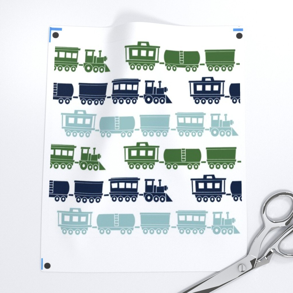 Multi Trains Green Navy Dusty Blue Train Trendy Boy Modern Steam Custom Printed Fabric by Spoonflower Various Fabrics by the Yard or Fat Quarter