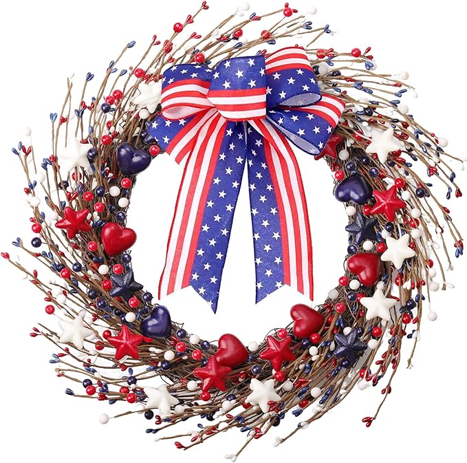22 Inch 4th of July Patriotic Wreath, Red White Blue Berry Grapevine Front Door Wreath with Hanging Loop for Independence Day & Memorial Day Decorations