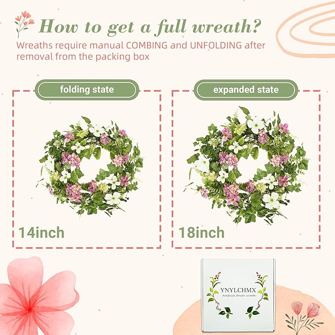 18" Spring Summer Wreaths for Front Door, Artificial Floral Wreath with Pink Hydrangea Green Eucalyptus Leaves, Green Foliage Wreath for Wall Window Farmhouse Party Holiday Home Decor