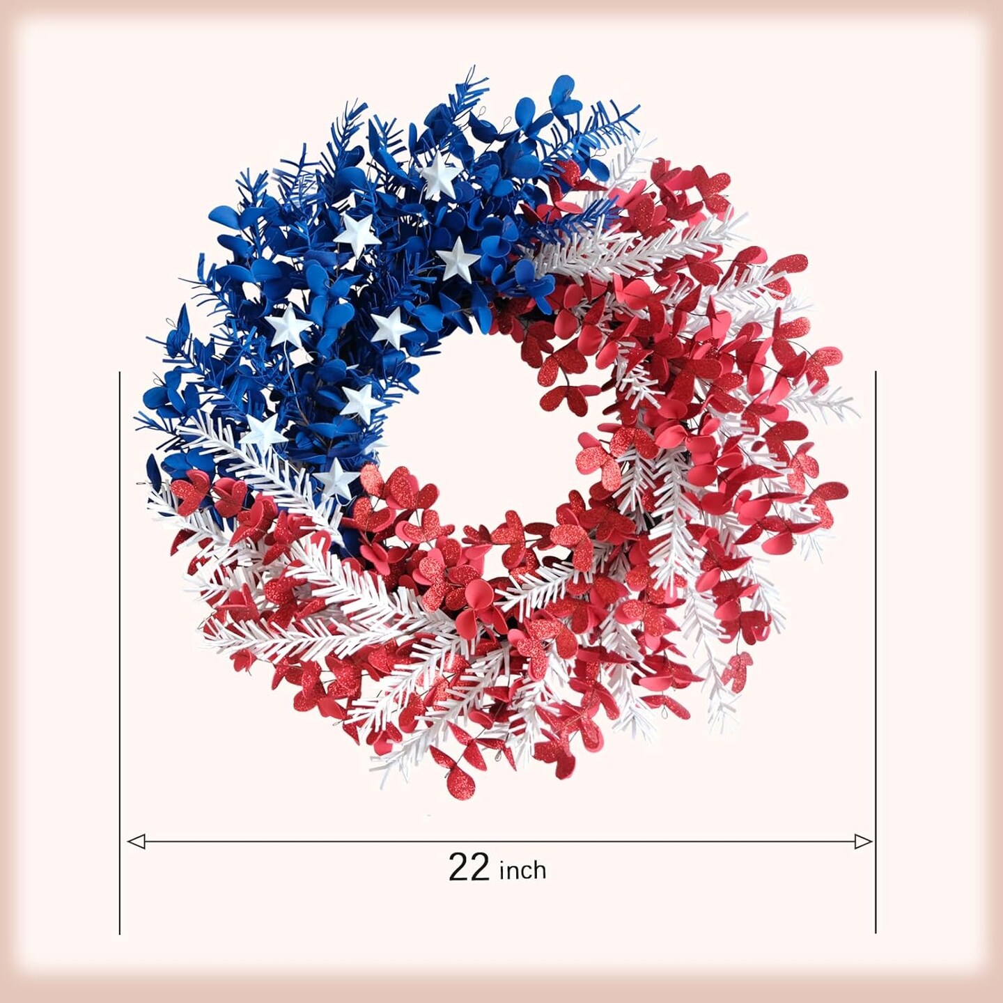 22-Inch 4th of July Wreath – Patriotic Front Door Decor with Red, White & Blue Leaves and Metal Stars – Independence Day and Memorial Day Americana Decoration