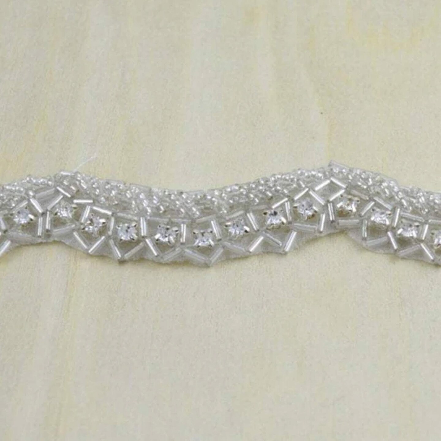 1 Yard 3/4 inch Silver Scalloped Beaded and Rhinestone Iron On Trim