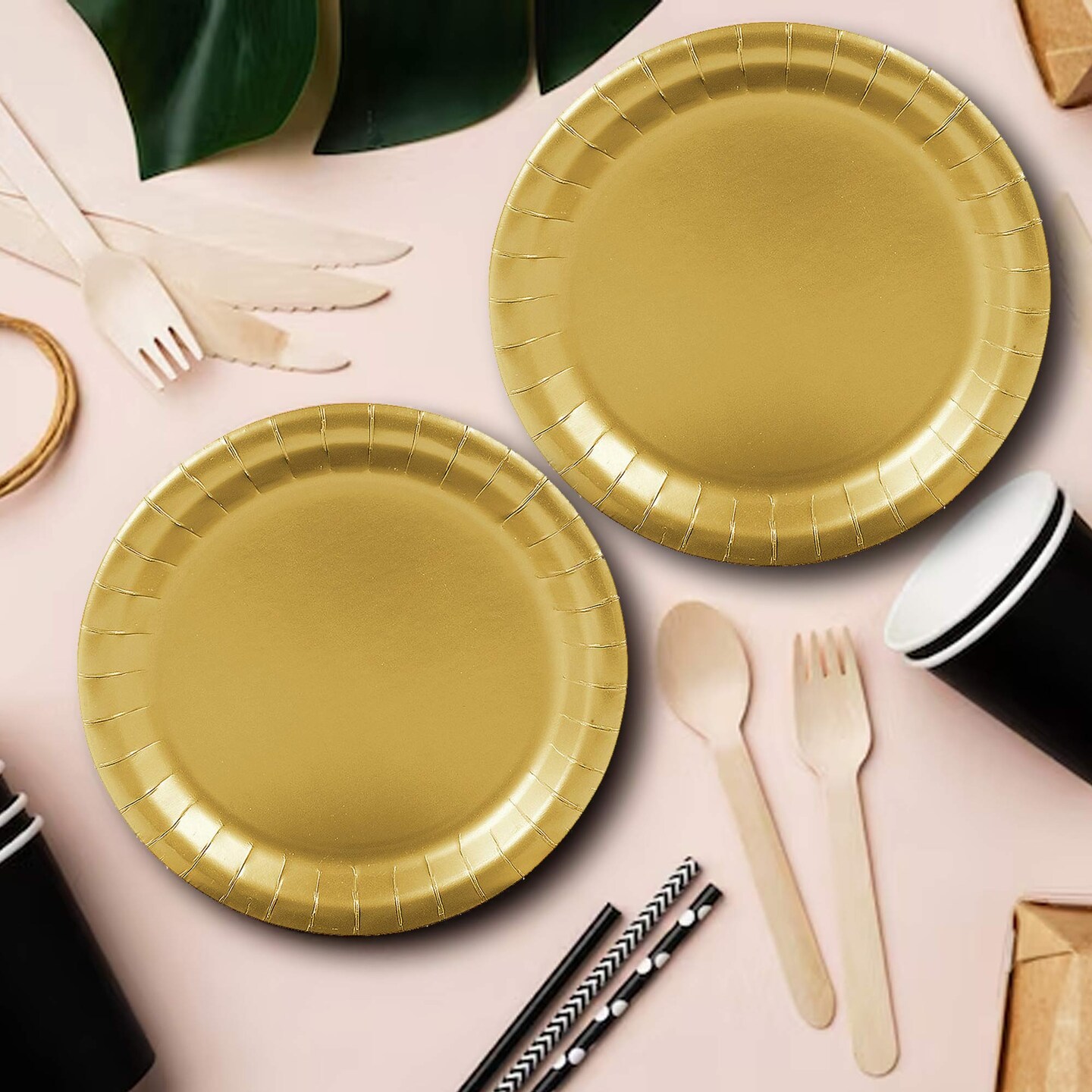 24 Count Metallic Gold Round Dessert Plates for Glam Events 7 Inch