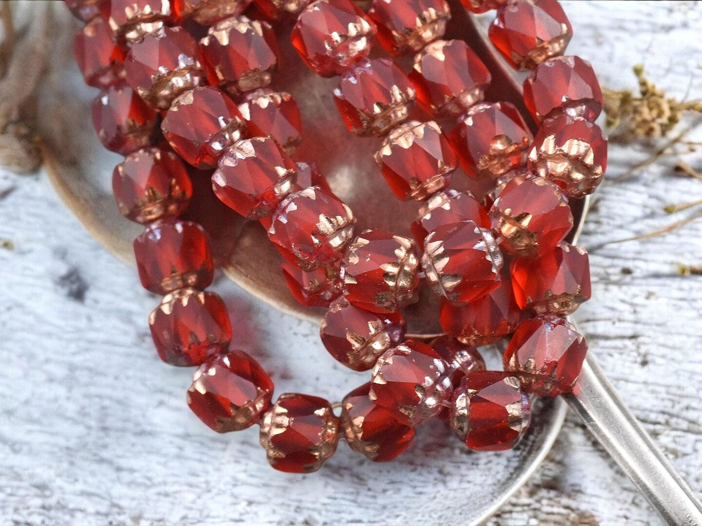 *20* 6mm Copper Washed Cardinal Red Fire Polished Cathedral Beads