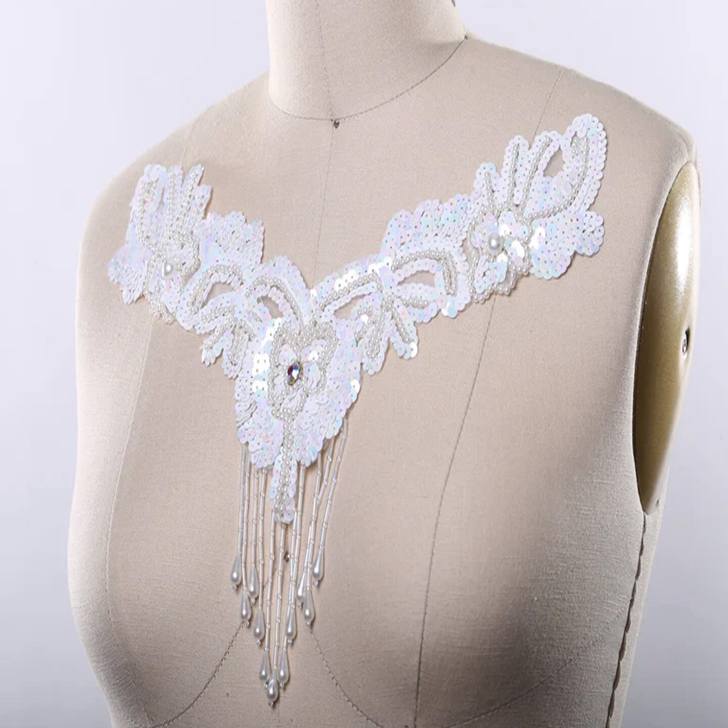 1 Piece White Sequin V Shaped Applique with Beaded Fringe and Rhinestone Embellishment