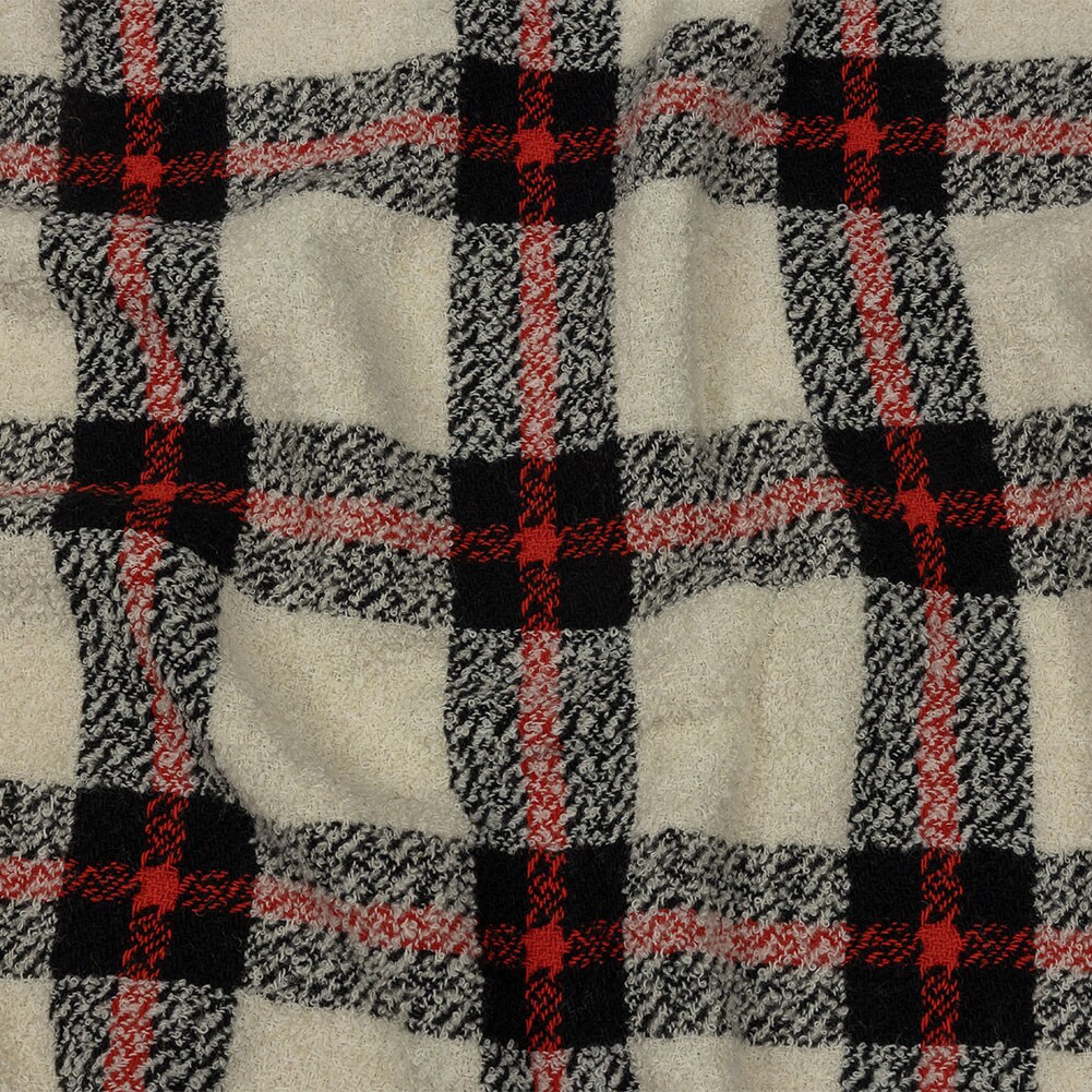 1 Yard Famous Designer Cream, Black and Red Plaid Blended Wool Boucle Coating