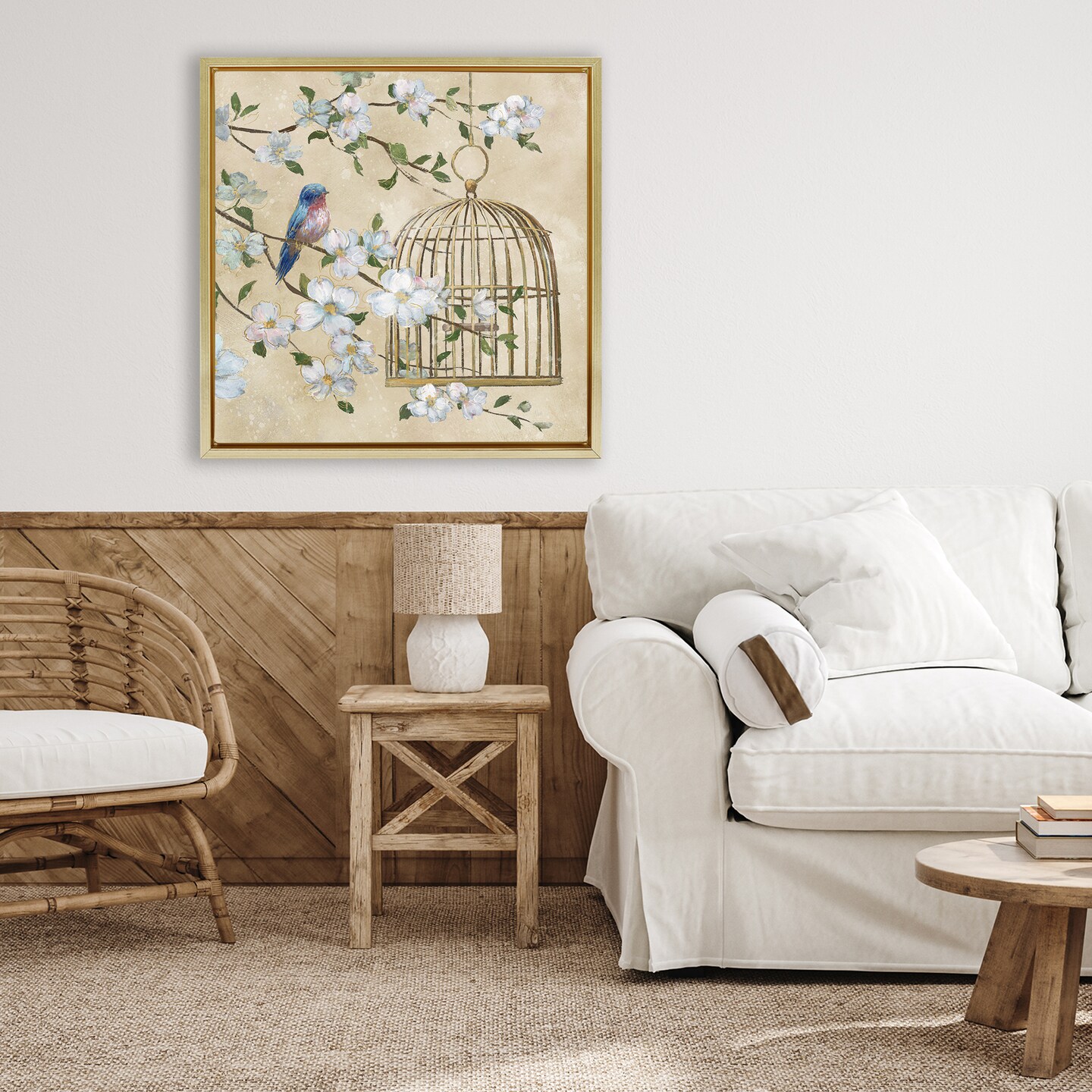 Stupell Industries Evening Song Birdcage Over Beige Floating Frame, design by Nan