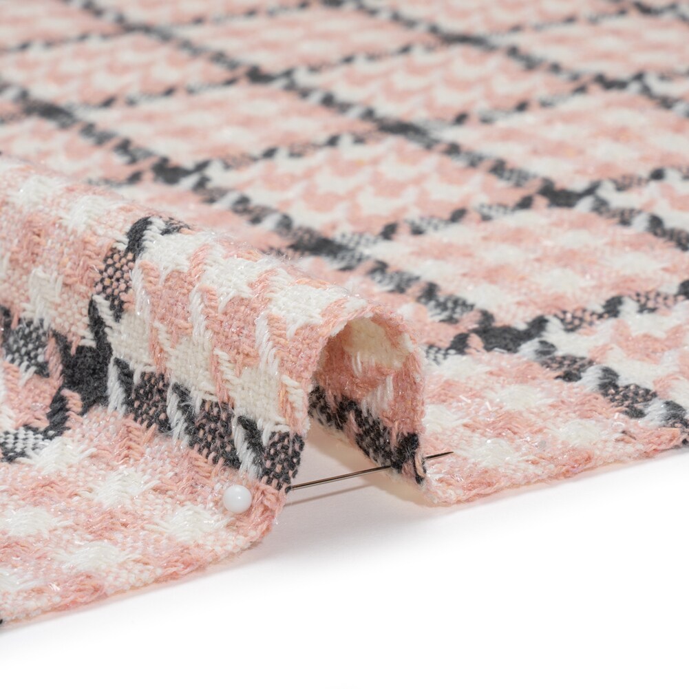 1 Yard Wool Blend Tweed with Clear Eyelash Fringe and Baby Sequins - Charcoal, Rose and Cream