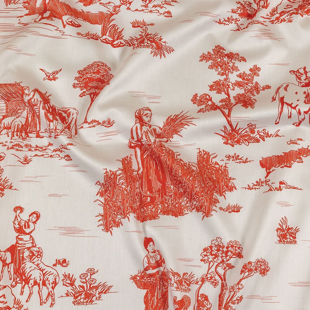 1 Yard Cherry Tomato and White Classic Toile de Jouy Mercerized Organic Egyptian Cotton Shirting 56&#x2019;&#x2019; Width