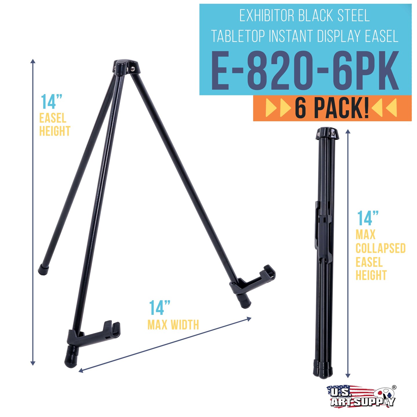 13.5" Black Metal Tabletop Easel Stand (6 Pack) - Foldable Tripod Table Top Easel Stand for Sign, Art, Poster Board, Canvas & Photos - Display Table Easels with Non-Skid Feet