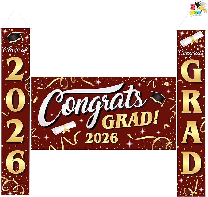 Class of 2025 Maroon & Gold Graduation Backdrop Set - 3-Piece Premium Satin "Congrats Grad" Banner Bundle - Weather-Resistant Hanging Porch Signs & Large Photo Backdrop for Indoor/Outdoor Senior Party Decor