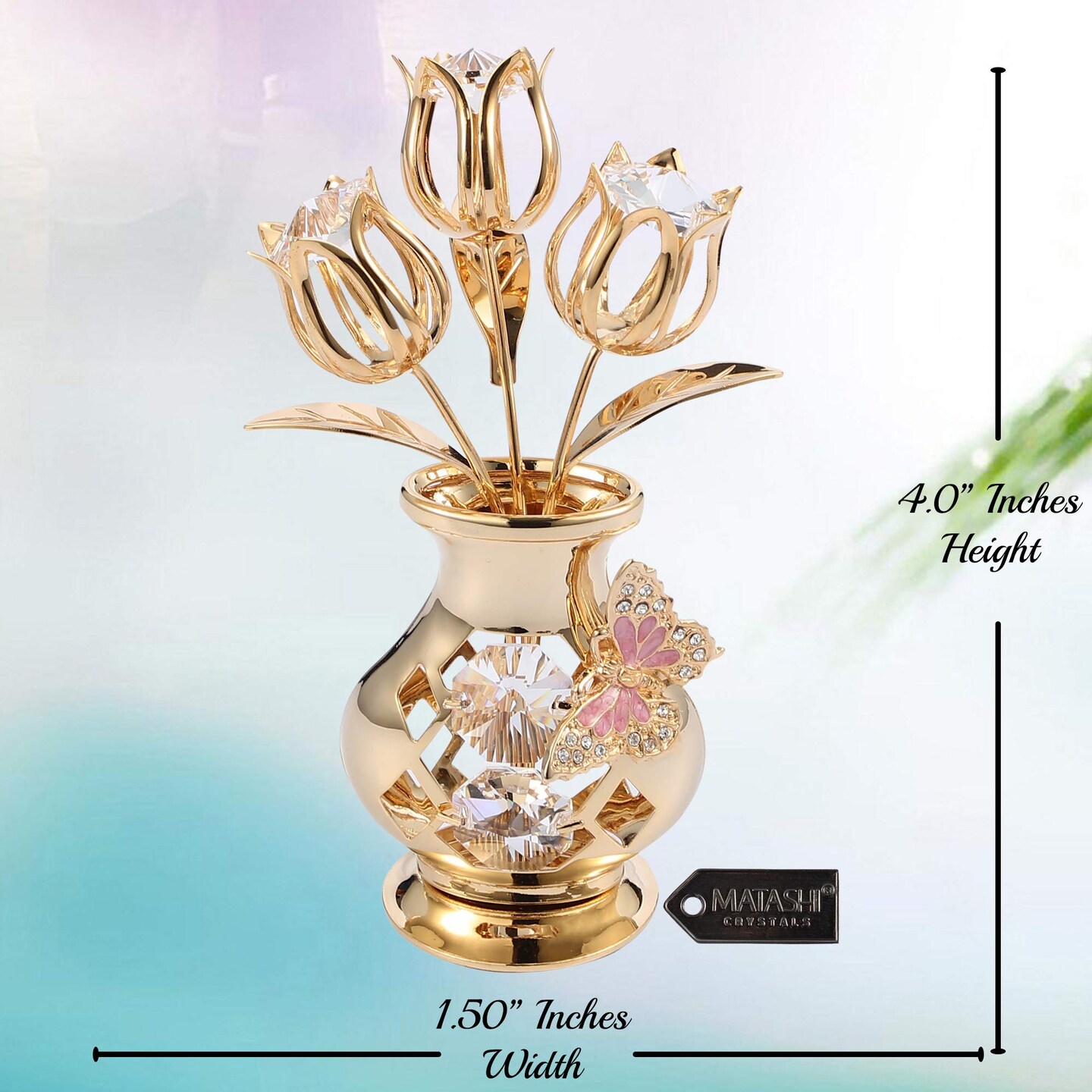 24K Gold Plated Crystal Flower Figurine with Clear Crystals & Butterfly – Luxury Decorative Tulip Statue, Elegant Tabletop Home Décor, for Mother's Day, Valentine's Day, Christmas