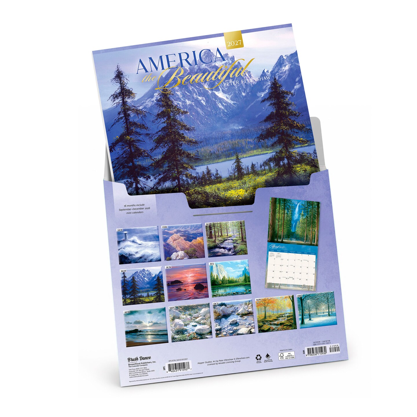 Brush Dance; America the Beautiful | 2027 13.75 x 24 Inch (Hanging) Monthly Deluxe Wall Calendar | Featuring the Artwork of Peter Ellenshaw | Linen Envelope; Category:Wall Calendars; Image:6