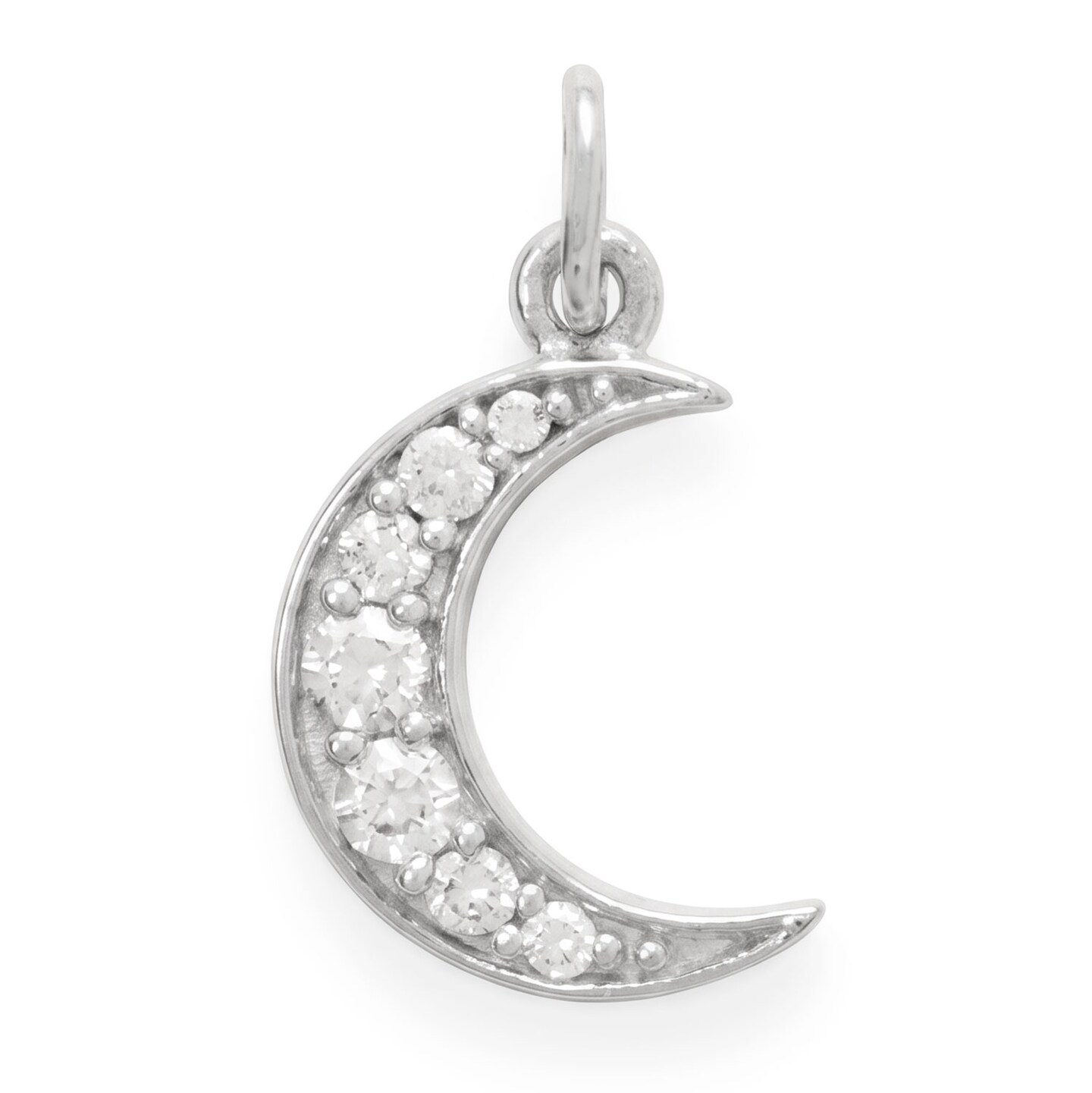 Sterling Silver Dainty Pave CZ Crescent Moon Charm - Rhodium Plated