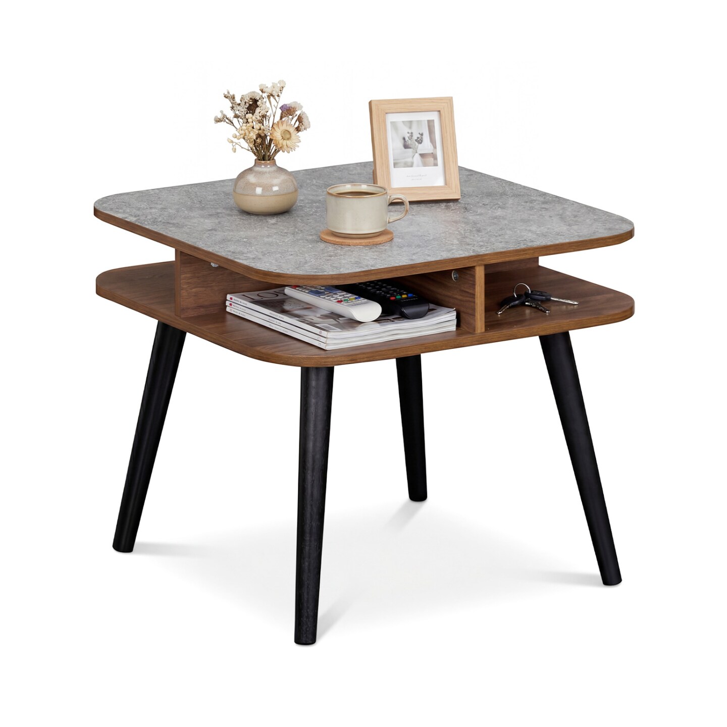 Square Storage End Table 24 Inch Faux Marble Top Side Table with 4