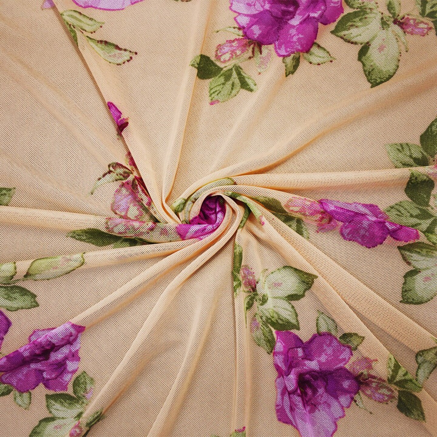 Beige-Multi Poly Stretch Spandex Floral Printed Mesh Knit Fabric By the Yard
