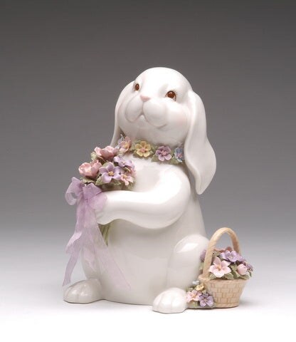 Springtime Bunnies: Easter Bunny Rabbit Holding a Flower Bouquet Music Box Playing "What A Wonderful World", Spring decor