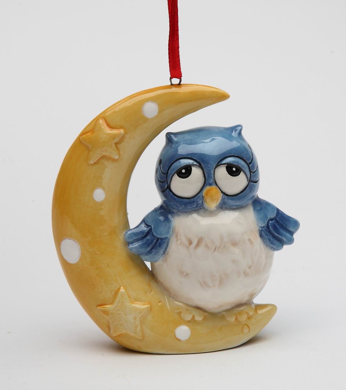 Ceramic Owl On The Moon Ornament, Home D&#xE9;cor, Gift for Her, Gift for Mom, Christmas Tree D&#xE9;cor, Birdwatcher Gift