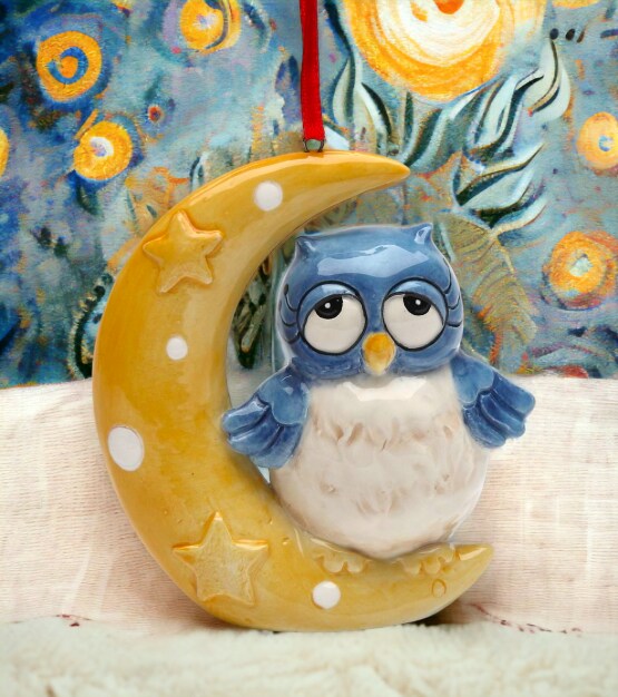 Ceramic Owl On The Moon Ornament, Home D&#xE9;cor, Gift for Her, Gift for Mom, Christmas Tree D&#xE9;cor, Birdwatcher Gift