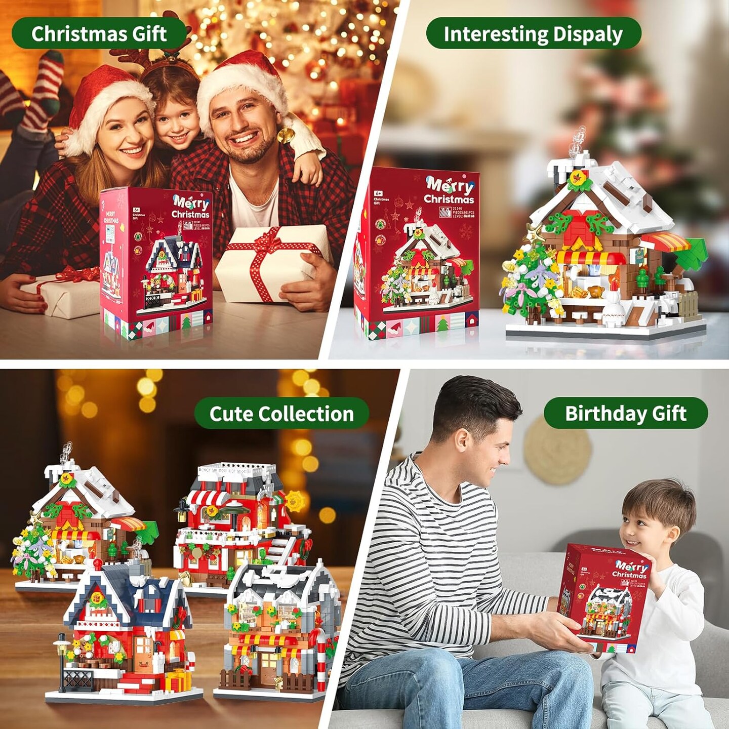 Christmas Book House Building Blocks Set-730 PCS Micro Bricks,City Miniature Building Bricks Kit with LED Light and Christmas Tree,Perfect Building Toy for Adults Kids 6+