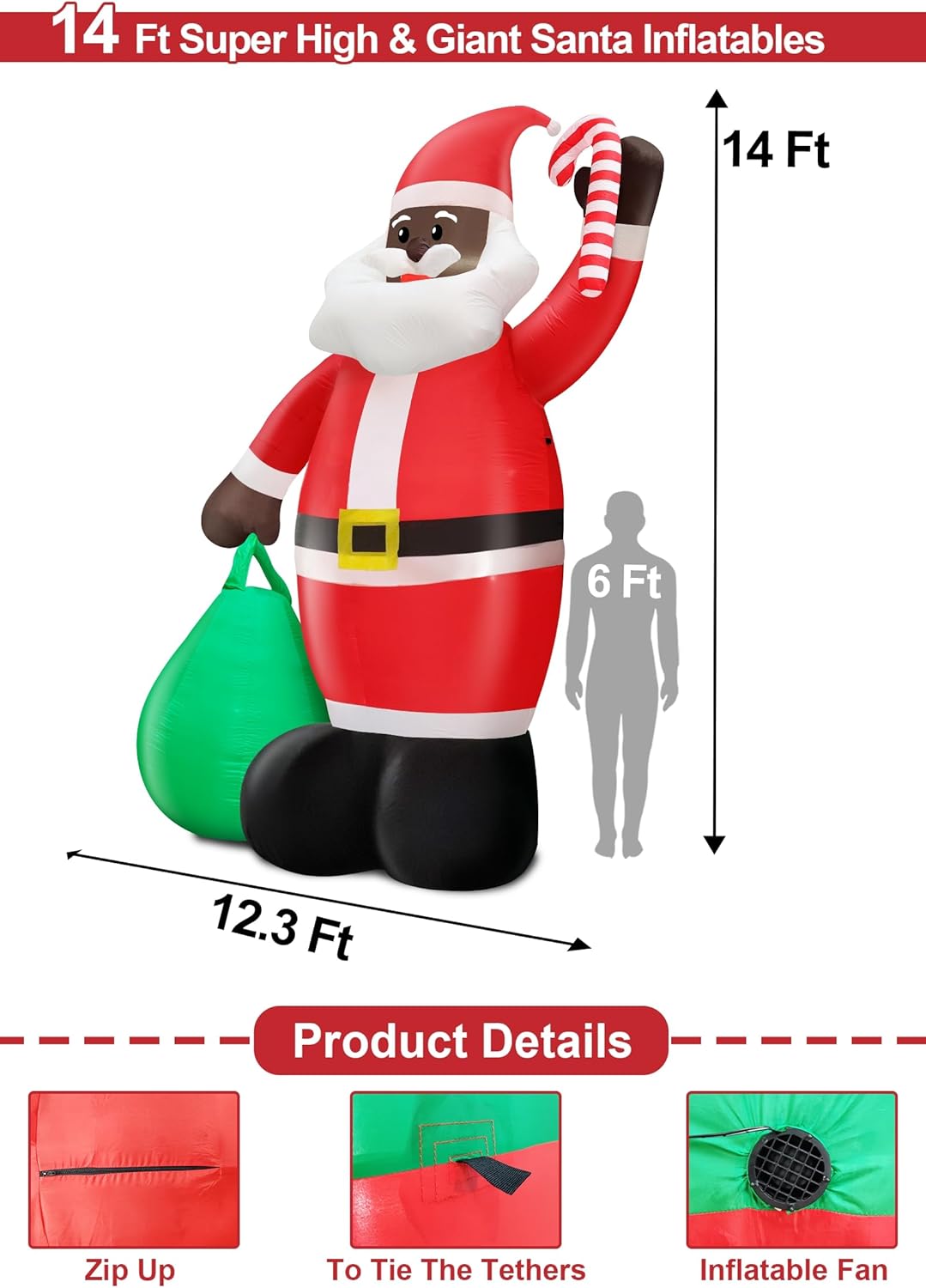 14 Feet Giant Black Santa Claus Inflatables Christmas Outdoor Decorations Holds Gift Bag &#x26; Candy Cane Blow Up Build-in LED Lights Inflatable Christmas Yard Decor Garden Lawn Xmas Holiday