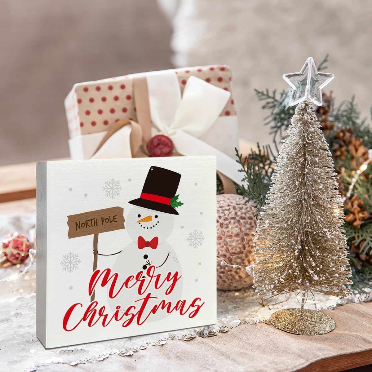 Merry Christmas Table Wooden Box Sign Decor, North Pole, Holiday Table Decor Snowman Xmas Tabletop Decorations for Home Kitchen Bedroom Shelf Office Desk Decor