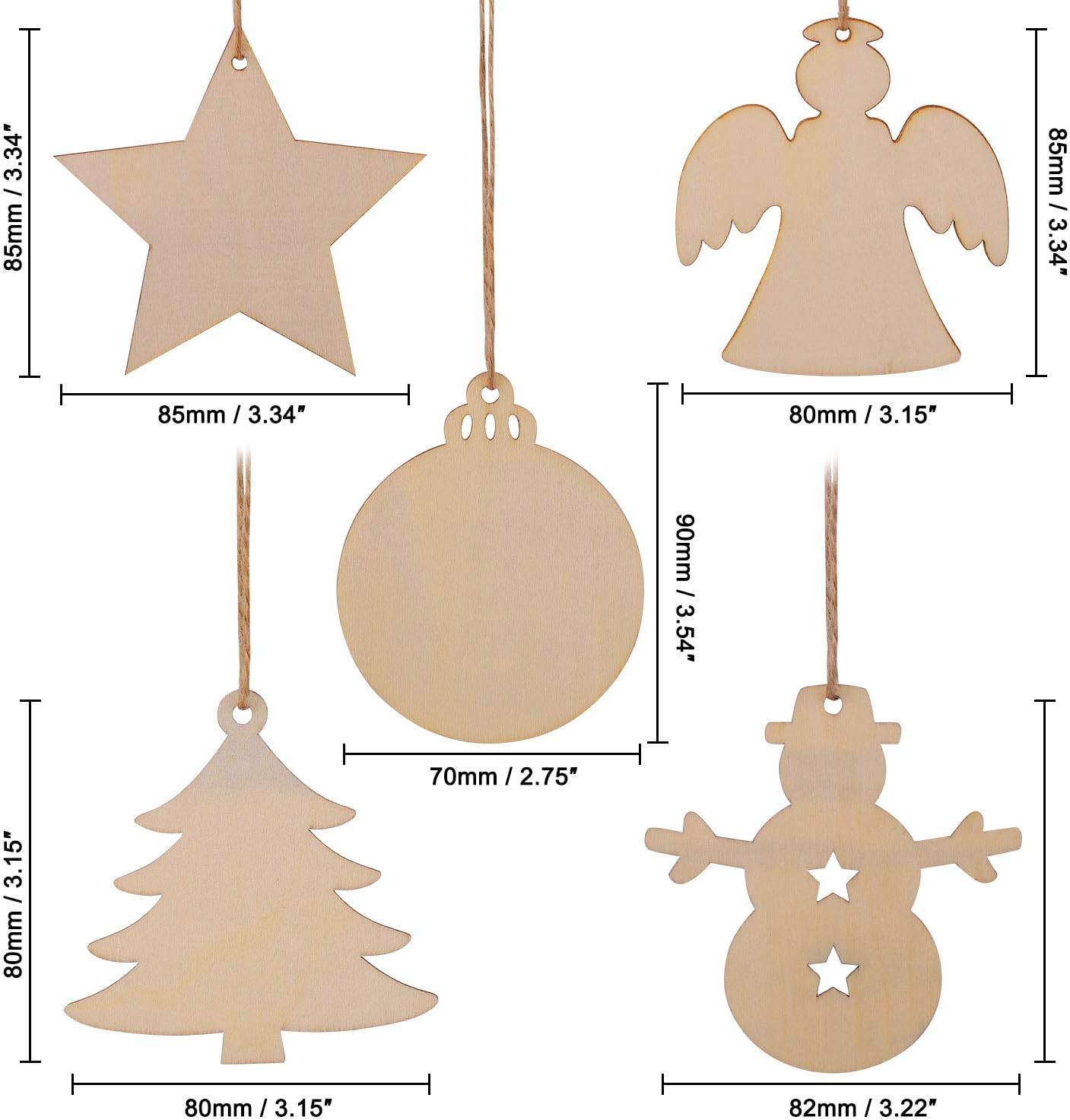 50 Pcs Unfinished Paintable Blank Wooden Christmas Festival Decoration Ornaments, Xmas Tree Hanging Wood Slices for Kids DIY Art Crafts, 5 Designs-Christmas Tree, Snowman, Stars, Angel, Round