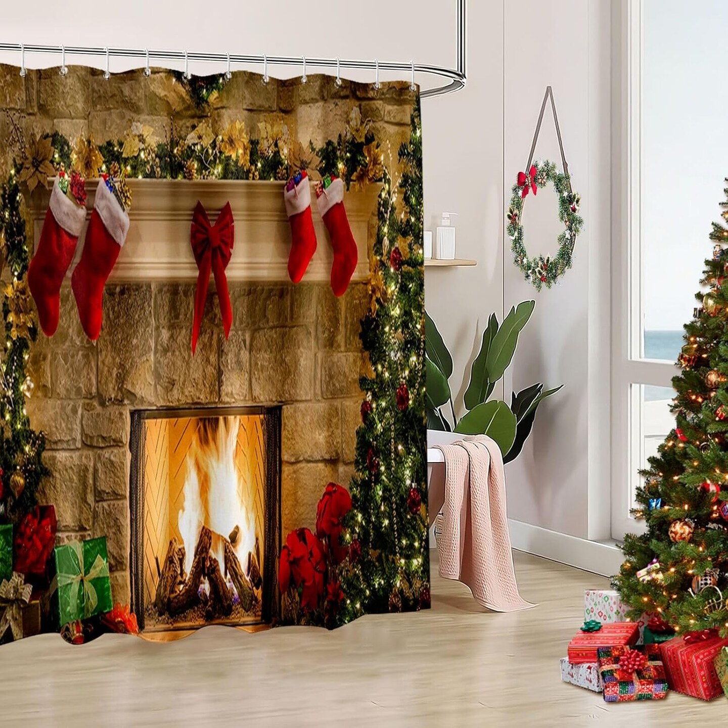 Fabric Christmas Shower Curtain, Red Christmas Shower Curtains for Bathroom, Winter Holiday Christmas Bathroom Decor, Xmas Tree Fireplace Pattern