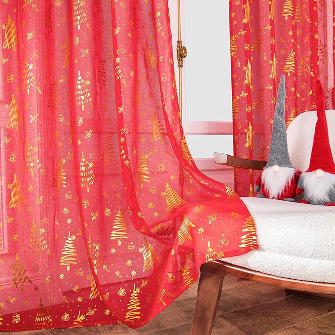 Christmas Sheer Curtains 63 Inch Length for Living Room 2 Panels Set, Rod Pocket Curtains & Drapes Window Treatments for Bedroom, Xmas Decorations, Holiday Decor, Red