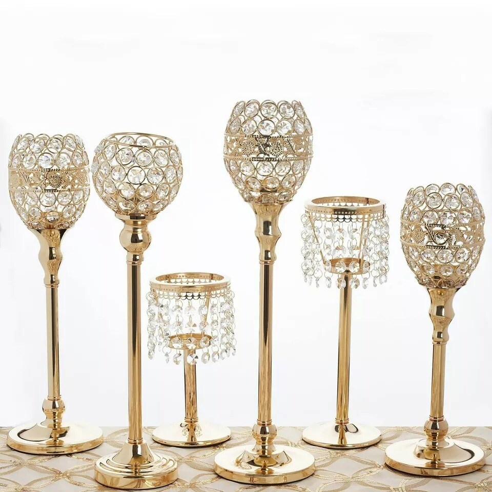 Gold 12&#x22; tall Faux Crystal Beaded Wedding Centerpiece Candle Holder Party