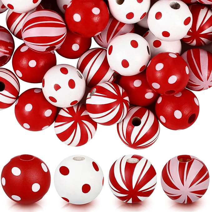 100 Pieces Christmas Beads Candy Cane Wooden Beads 0.63 Inch Dotted Striped Wood Beads Colorful Round Spacer Beads Natural Craft Beads with Hole for DIY Craft Supplies Holiday(Bright Style)