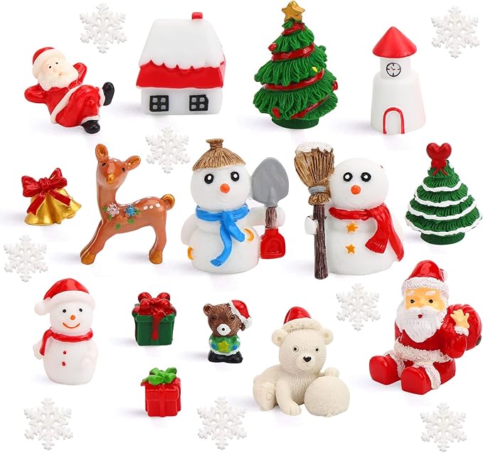 30 Pcs Mini Crafts Resin Santa Claus Snowman Elk Ornaments Kit for DIY Christmas Fairy Garden and Snow Globes