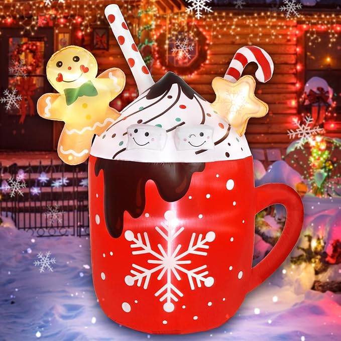 Gingerbread Inflatable Christmas Decorations Outdoor 6ft Cute Giant Blow Up Gingerbread Man Inflatables Hot Cocoa Mug Candy Yard Decor Led Light Xmas Blowups for Holiday Vacation Outside Lawn