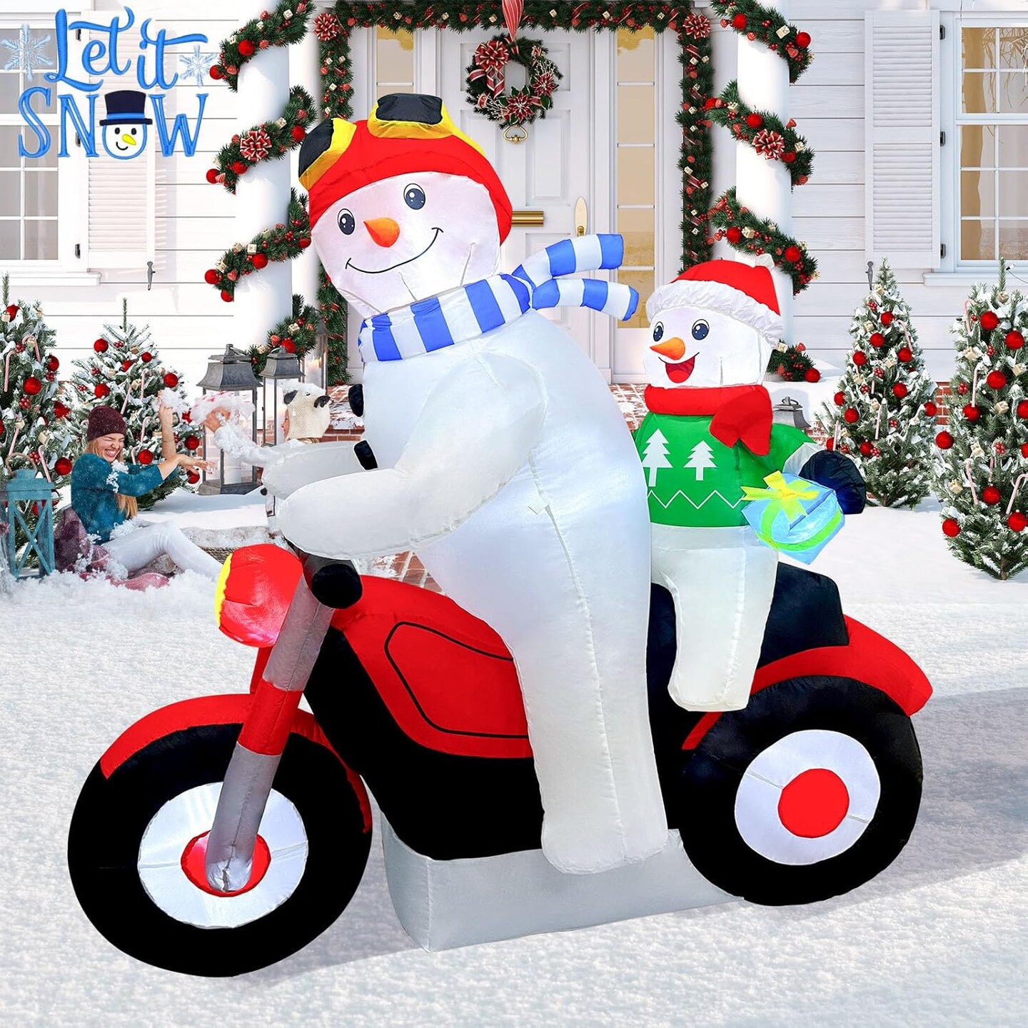 5.7FT Christmas Motorcycle Inflatable Snowman, Blow Up Snowman Father &#x26; Son on Motorcycle with Built-in LED Lights &#x26; Blower, Christmas Inflatable Outdoor Decoration for Yard Xmas Outside Decor