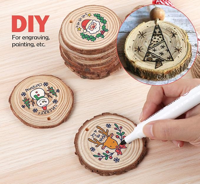 50Pcs Wood Slices 2.4&#x22;-2.8&#x22; Unfinished Natural Wood Rounds with Pre-drilled Hole and 66Feet Twine String, Wood Slices for Wood Burning Painting DIY Crafts Christmas Ornaments Party Wedding Decor