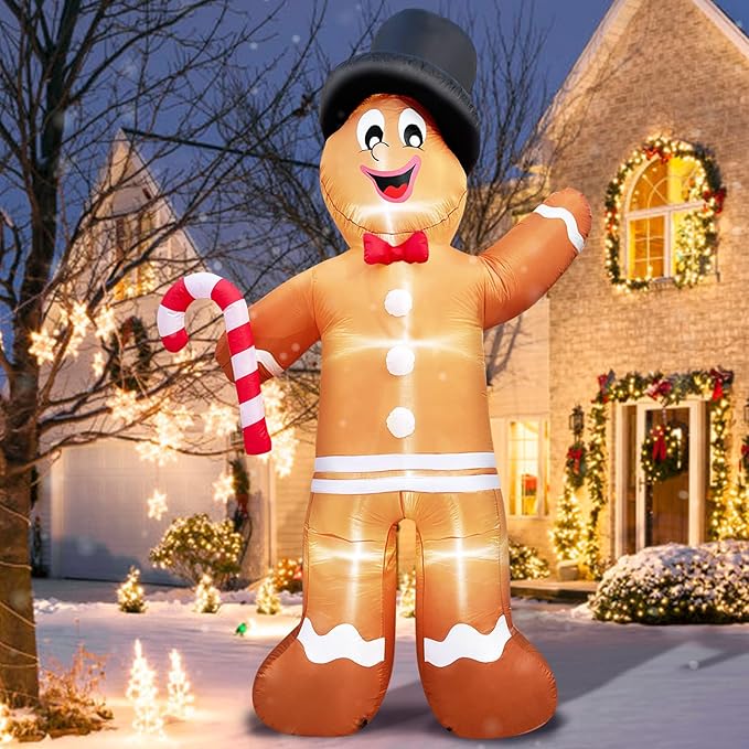 Inflatable Gingerbread Man, Outdoor Christmas Decoration with Candy Cane LED Lights Stakes Tethers Christmas Blow Up Yard Decor Home Outside Lawn Garden Holiday Party