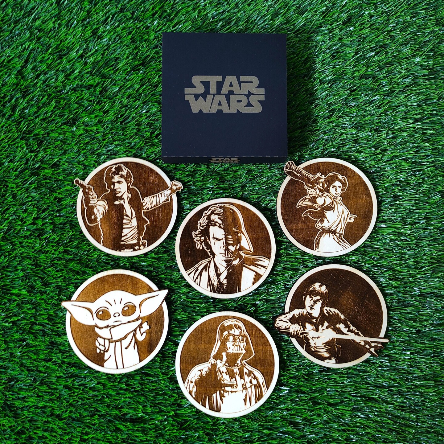 Set Of 6 Star Wars Wooden Coasters, Luke Skywalker, Anakin, Princess Leia, Baby Yoda, Darth Vader, Han Solo, Geek Gift,