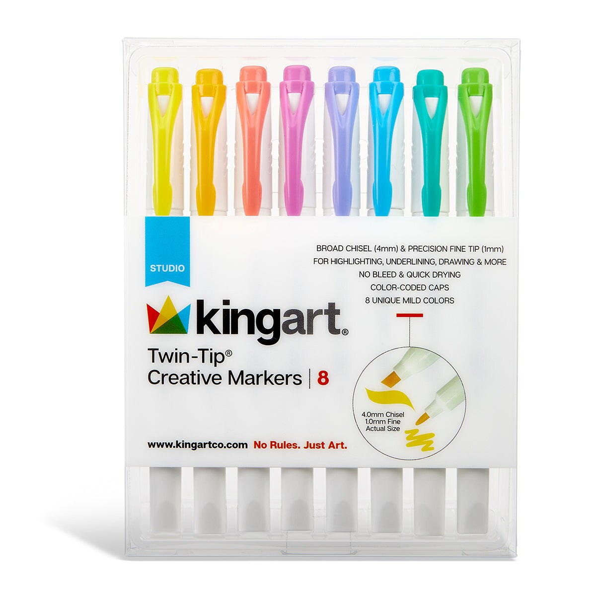 KINGART&#xAE; Twin-Tip&#xAE; Creative Markers, Soft Mild Pastel Highlighter Pens, Broad &#x26; Fine Tips, Set of 8