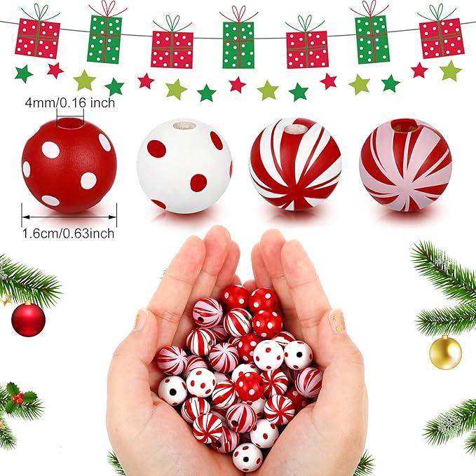 100 Pieces Christmas Beads Candy Cane Wooden Beads 0.63 Inch Dotted Striped Wood Beads Colorful Round Spacer Beads Natural Craft Beads with Hole for DIY Craft Supplies Holiday(Bright Style)