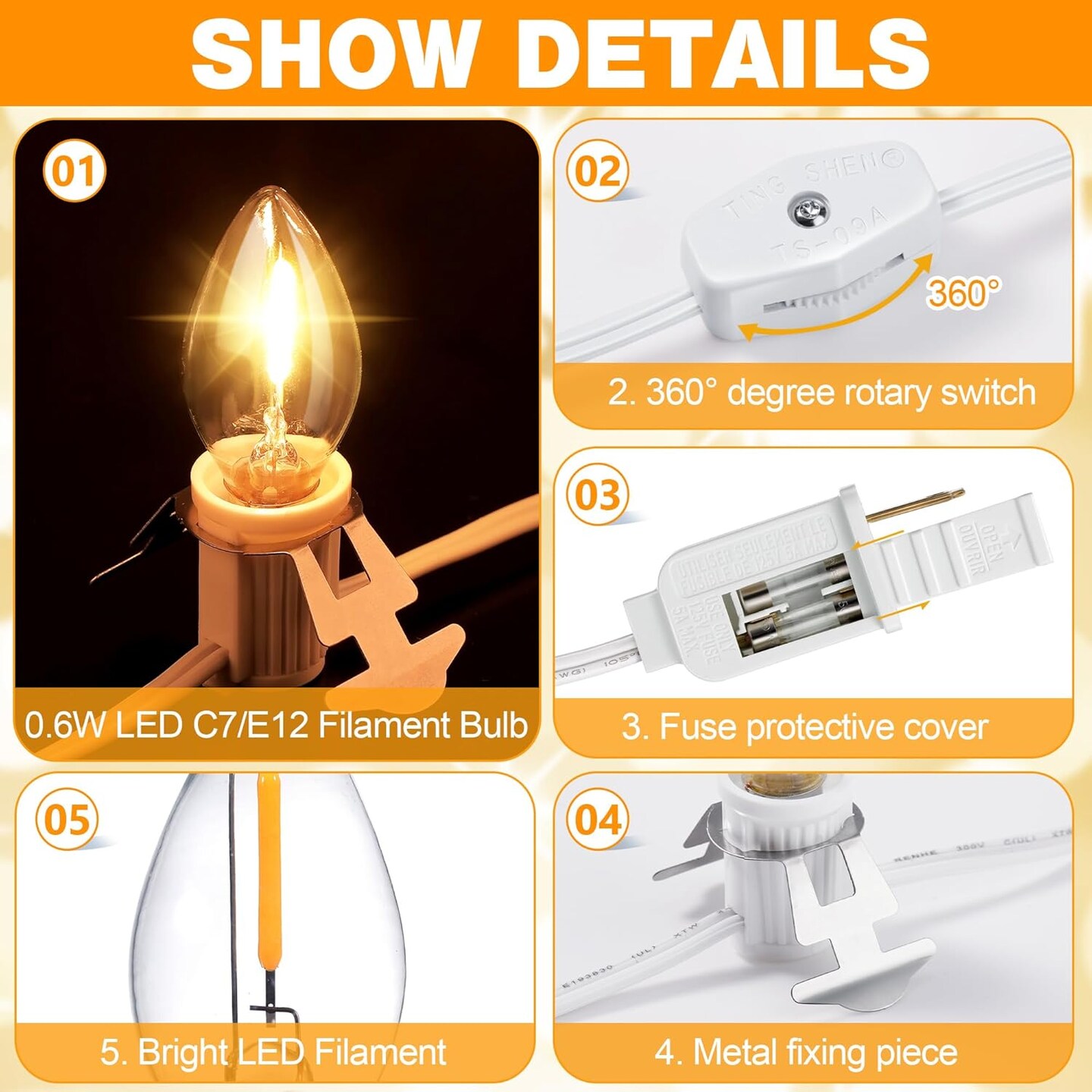 3 Pack Accessory Cord with 6 LED Light Bulb, 11.5 ft Christmas Village Light with ON/Off Switch Plugs and Spare Fuse, Blow Mold Light for Christmas Village House