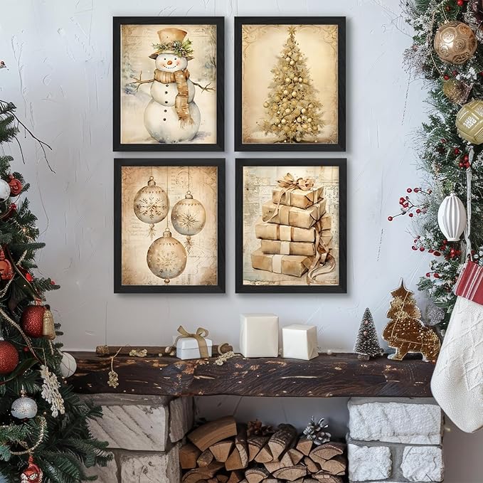 JXREQ Vintage Christmas Wall Decor, Christmas Prints 8x10, Retro Christmas Wall Art Decor for Home Bedroom Living Room Office, Christmas Snowman Tree Posters Wall Art Set of 4, Unframed