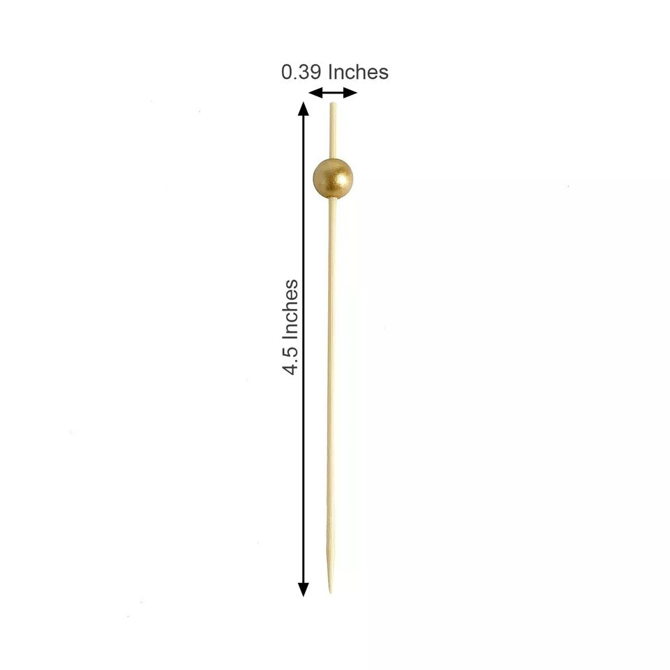 100 Light Brown 4.5" Natural Bamboo Sustainable Skewers Picks Gold Pearls Party