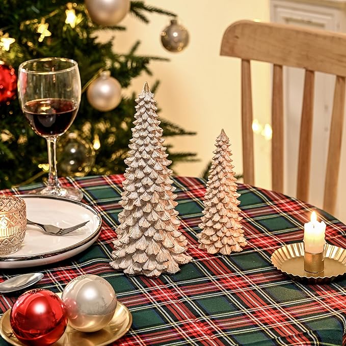 2Pcs Distressed White with Gold Table top Christmas Trees, Small Christmas Tree Figurine Set, Decorative Xmas Trees for Rustic Christmas Decor