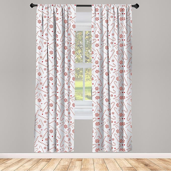 Candy Cane Window Curtains, Sugary Treats of New Year Celebrations Pattern of Holiday Food, Lightweight Decor 2-Panel Set with Rod Pocket, Pair of - 28&#x22; x 84&#x22;, Red White Coconut